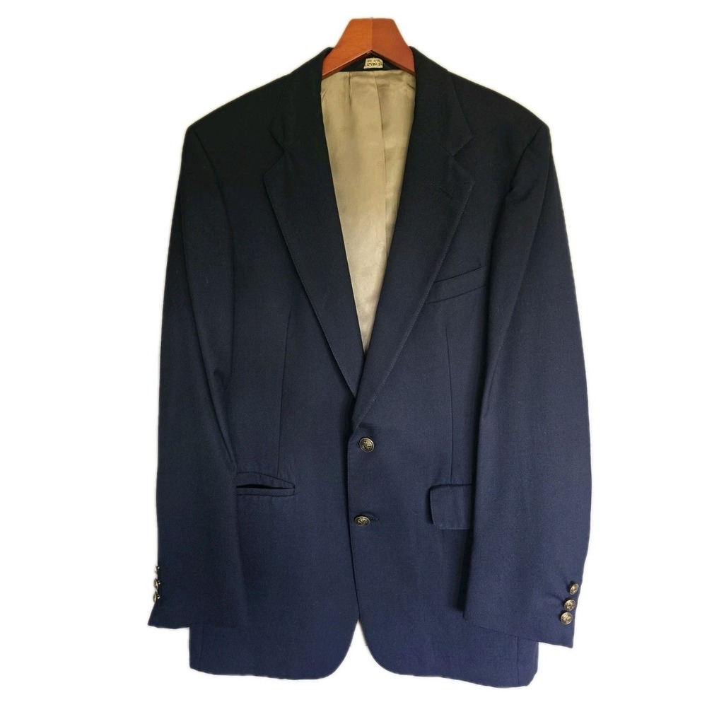 Vintage Bill Blass Mens Blazer 42R Navy Blue Wool Sportcoat Crest Buttons USA